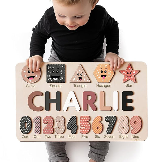Zuzu Puzzle Personalized Name Puzzle for Toddlers 1-3 with Numbers and Shapes, Handmade Learning Toy, CPC Certified, Keepsake Nursery Decor, for 1st Birthday - color: Numbers and Shapes