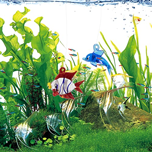 Aquarium Ornament, Cute Fish Tank Decorations Floating Fish&Dolphin with Floating Device, Glass, 2 Pack, Red and Blue, Fish Tank Accessories - style: A.Fish&dolphin