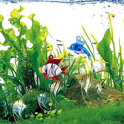Aquarium Ornament, Cute Fish Tank Decorations Floating Fish&Dolphin with Floating Device, Glass, 2 Pack, Red and Blue, Fish Tank Accessories - style: A.Fish&dolphin