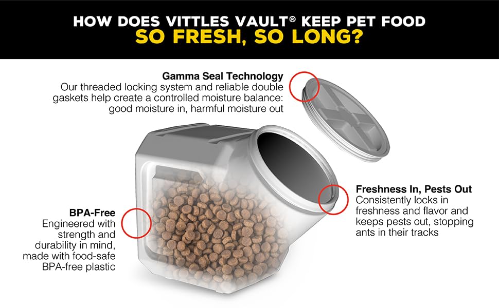Vittles Vault Traditional Pet Food Storage Container For Dog Kibbles/Bird Seed/Oatmeal/Rice/Flour/Cereal, BPA Free Plastic, Sealed Airtight For Cat Food, Up To 50 lb, Made in USA, With Scoop, Gray