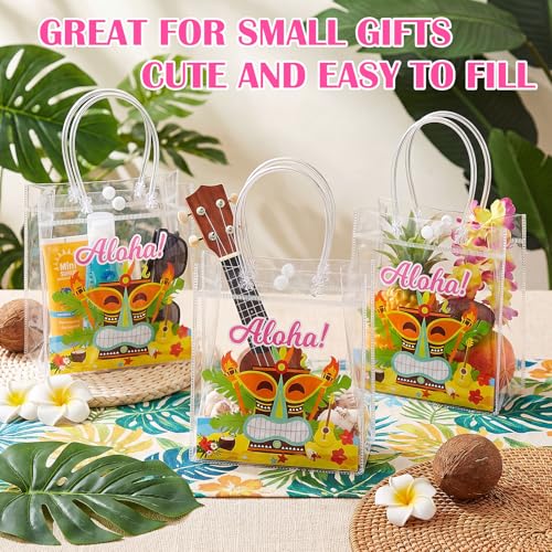 Aliceset 24 Pcs Hawaiian Luau Party Favor Bags Transparent PVC Aloha Tiki Goodie Bags with Handles Reusable Waterproof Candy Totes for Tropical Beach Summer Party Supplies, 6.31" x 5.91" x 3.15" - style: Aloha