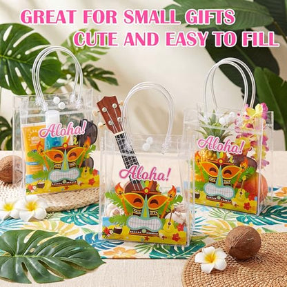 Aliceset 24 Pcs Hawaiian Luau Party Favor Bags Transparent PVC Aloha Tiki Goodie Bags with Handles Reusable Waterproof Candy Totes for Tropical Beach Summer Party Supplies, 6.31" x 5.91" x 3.15" - style: Aloha