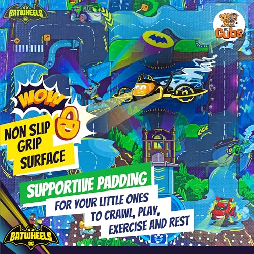 Batwheels EVA Foam Puzzle Mat - Soft, Non-Toxic Baby Play Mat for Tummy Time, Kids Preschool & Nursery - 16 Tiles, 12x12”, 24 Borders - Road Activity Gym Playmat for Boy & Girl Toddlers - KC Cubs