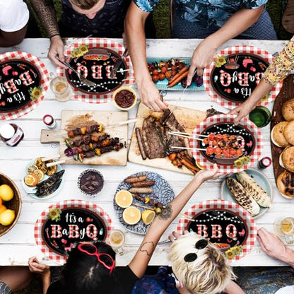 Qyeahkj BBQ 타원형 종이 접시 50개, 대형 27.9cm(11인치) 일회용 바비큐, 여름 파티 장식, It's a Baby Q 용품, BBQ 모임, 피크닉 파티, 식기 세트를 위한 선물 - style: BBQ