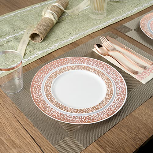 FOCUSLINE 175 Ct Rose Gold Dinnerware Set for 25 Guests, Plastic Plates with Rose Gold Lace Rim Design, Including 25 Disposable Dinner & Dessert Plates, Cups, Napkins, Cutlery Set - color: Rose Gold Dinnerware Set