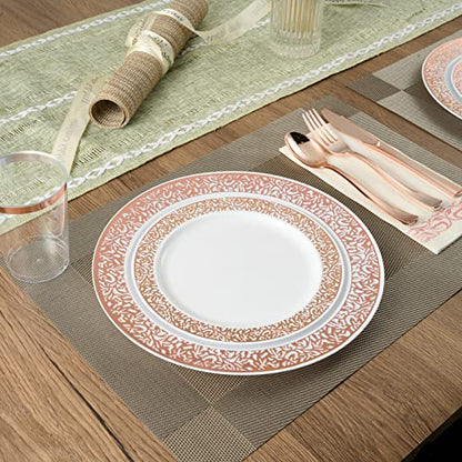 FOCUSLINE 175 Ct Rose Gold Dinnerware Set for 25 Guests, Plastic Plates with Rose Gold Lace Rim Design, Including 25 Disposable Dinner & Dessert Plates, Cups, Napkins, Cutlery Set - color: Rose Gold Dinnerware Set