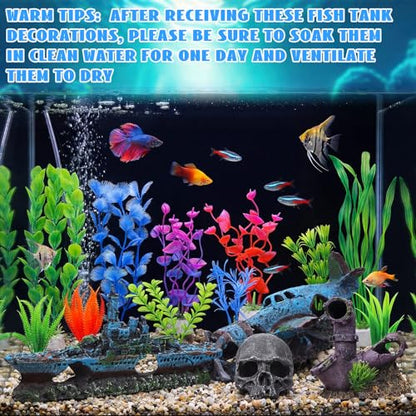 Kathfly 15 Pcs Aquarium Decoration Set, Resin Aquarium Accessories, Including a Battleship, a Broken Airplane, a Four-Way Water Pipe, a Black Skull, and Artificial Aquatic Plants(Trendy Style) - style: Trendy Style