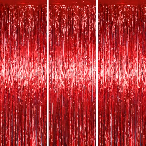 Voircoloria Red Foil Fringe Backdrop Curtains, 3.3 x 6.6 ft, 3pcs - color: Red
