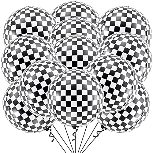 KatchOn, Black and White Checkered Balloons - 22 Inch, Pack of 12 | Racing Balloons, Race Car Balloons for Race Car Birthday Party Decorations | Racing Party Decoration | Emo Party Decor - color: Black and White