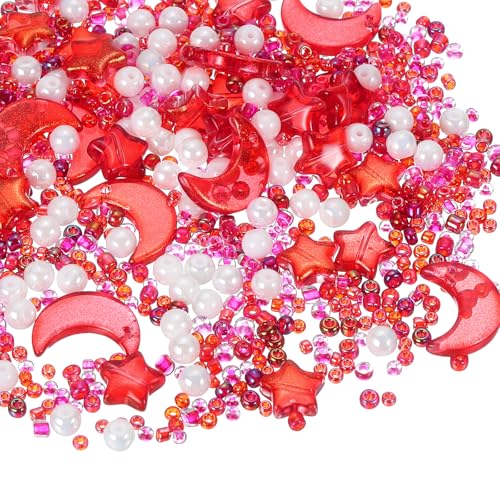 uxcell 110Pcs Star Moon Beads, Star Moon Acrylic Pearl Beads Crystal Glass Spacer Bead for DIY Making Jewelry Bracelets Craft, Red - color: Red