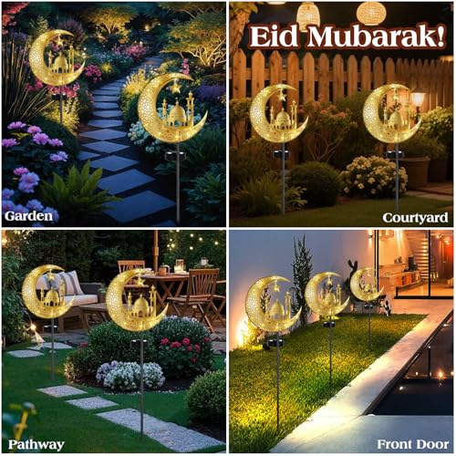 Lewondr 2Pcs Ramadan Solar Lights, Ramadan Decorations Outdoor, Metal Yard Signs LED Eid Decorations Mubarak Star Moon Castle, Waterproof Solar Garden Stakes Lights for Walkway Lawn Patio - style: Moon and Castle