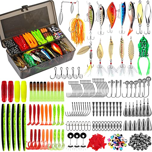 PLUSINNO Fishing Lures Fishing Tackle Box Fishing Gifts for Men, Bass, Trout Fishing Accessories Kit for Saltwater & Freshwater Fishing Gear Including Topwater Lures, Hooks, Spinnerbaits - color: 292PCS Fishing Lures & Accessories Kit