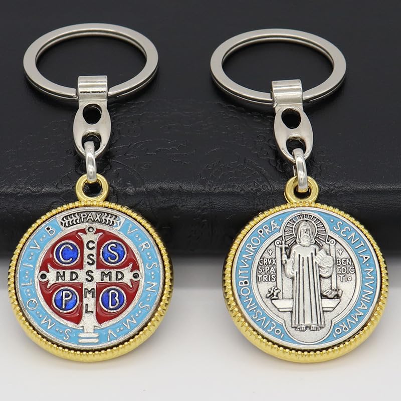 2pcs SaintBenedict Medallion Keychain Catholic SanBenito Pendant KeyRing Jesus Religious MetalJewelry Accessories for BagGift - color: Golden Silver