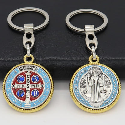 2pcs SaintBenedict Medallion Keychain Catholic SanBenito Pendant KeyRing Jesus Religious MetalJewelry Accessories for BagGift - color: Golden Silver