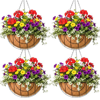 Metal Hanging Baskets for Plants Outdoor 4 Pack Round Metal Wire Hanging Basket Planter (Grid, 10 Inch) - size: 10 Inch, style: Grid