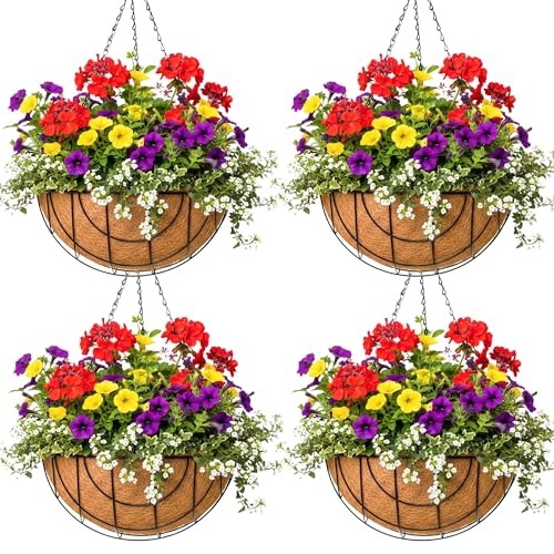 12 inch Metal Hanging Baskets for Plants Outdoor 4 Pack Round Metal Wire Hanging Basket Planter with Coco Fiber Liners Chain Round Wire Plant Holder for Garden, Patio, Deck, Outdoor(Grid) - size: 12 Inch, style: Grid