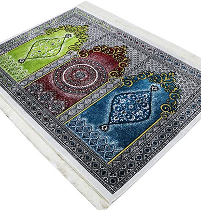 Modefa Muslim Prayer Rug - Wide Multi Person Plush Velvet Medallion 17-6 | For 3 People Praying Mat, Salah Group Carpet - color: Red/Green/Blue