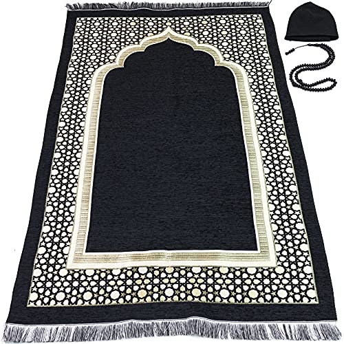 Modefa Turkish Islamic Prayer Mat - Thin Woven Chenille Sajjadah - Intricate Praying Rug Ramadan Eid Gift - Traditional Muslim Janamaz Sajada for Men Women - Geometric Selcuk Star (Black) - color: Black