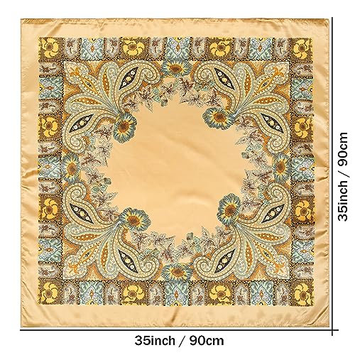 AWAYTR 35” Large Satin Square Head Scarf - 2Pcs Silk Like Floral Head Scarves Square Satin Hair Scarf Bandanas for Women - color: Cashew(yellow+green)