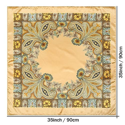 AWAYTR 35” Large Satin Square Head Scarf - 2Pcs Silk Like Floral Head Scarves Square Satin Hair Scarf Bandanas for Women - color: Cashew(yellow+green)