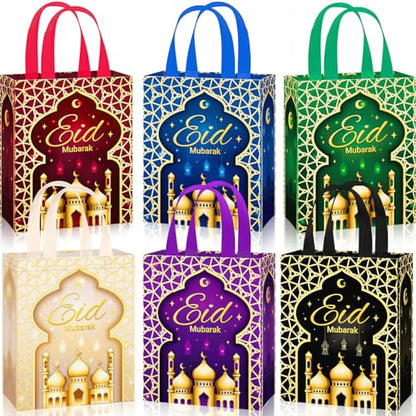 Clysee 24 Pcs Eid Mubarak Reusable Gift Bags With Handles - 6 Colors Non-Woven Ramadan Treat Bags - 10.2 x 8.3 x 3.9 Inch Tote for Gifts Wrapping