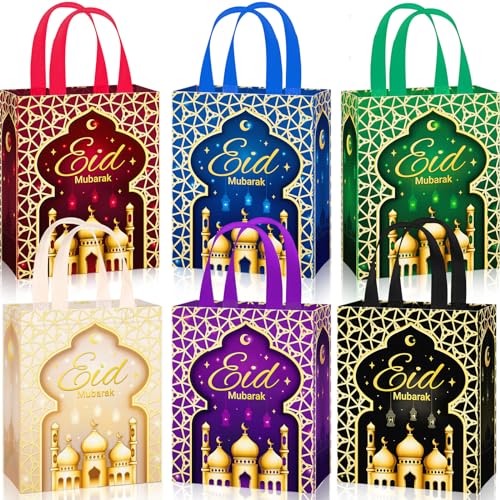 Clysee 24 Pcs Eid Mubarak Reusable Gift Bags With Handles - 6 Colors Non-Woven Ramadan Treat Bags - 10.2 x 8.3 x 3.9 Inch Tote for Gifts Wrapping