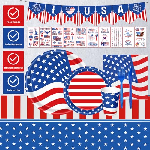 108PCS 4th of July Party Supplies American Flag Tableware Set Forth of July Patriotic Party Decorations Patriotic Paper Plates and Napkins Tablecloth Memorial Independence Day Dinnerware for 16 Guests - style: 4th of july
