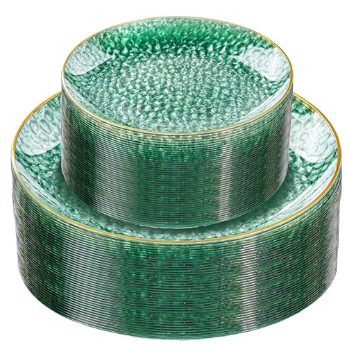Rubtlamp 60 Green Plastic Plates, Hammered Clear and Gold Disposable Plates, Grenn Disposable Plates Include 30 Dessert Platos, 30 Dinner Platos for Party - color: Clear Green Gold