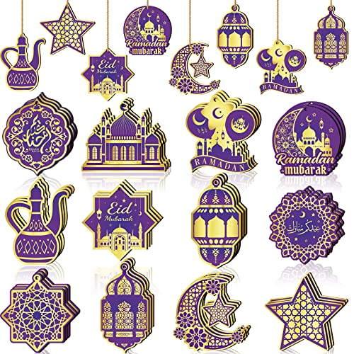 Panelee 36 Pcs Ramadan Ornaments for Tree Eid Mubarak Wooden Hanging Decoration Castle Lanterns Star Moon Islamic Home Decor for Ramadan Table and Wall Decor Party Supplies Gifts(Purple Gold Colors)