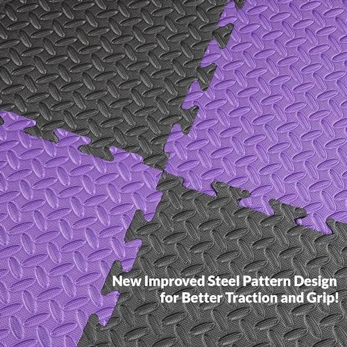 Xspec 1" Extra Thick 48 sq ft Reversible EVA Gym Foam Floor Mat Tiles (24" x 24"), Steel Pattern, 12 pcs, Black/Purple - color: Black/Purple