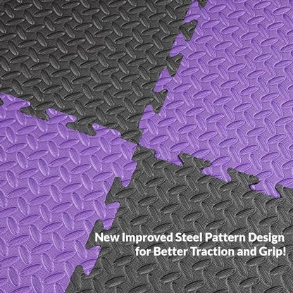 Xspec 1" Extra Thick 48 sq ft Reversible EVA Gym Foam Floor Mat Tiles (24" x 24"), Steel Pattern, 12 pcs, Black/Purple - color: Black/Purple