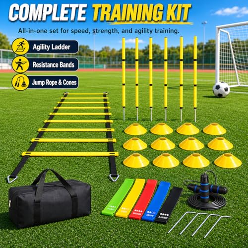 Exercise Sets for Women, 6-Piece Agility Ladder & 10 Cones, 5 Resistance Bands, Speed Rope, Ground Stakes, Carry