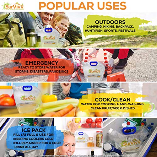 Premium Collapsible Water Container Bag, No-Leak, Freezable, Odorless, Flat Folding, BPA Free Food Grade Clear Plastic Storage tank for Sports Outdoors Camping (1.3 Gal 10Pk)