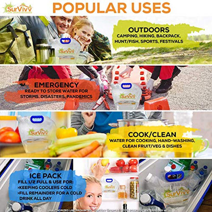 Premium Collapsible Water Container Bag, No-Leak, Freezable, Odorless, Flat Folding, BPA Free Food Grade Clear Plastic Storage tank for Sports Outdoors Camping (1.3 Gal 10Pk)