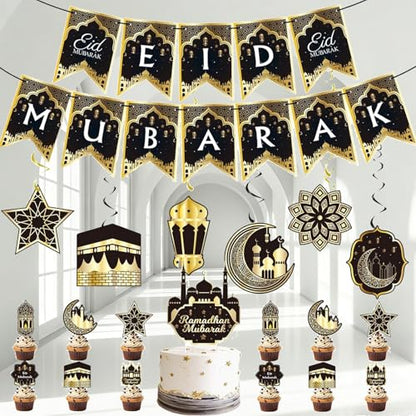 31Pcs Ramadan Decorations - Ramadan Decoration for Home Pre-Assembled Mubarak Eid Kareem Muslim Banner Star Moon Lantern Hanging Swirls Decorations for Home Fireplace Indoor Party Supplies