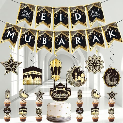 31Pcs Ramadan Decorations - Ramadan Decoration for Home Pre-Assembled Mubarak Eid Kareem Muslim Banner Star Moon Lantern Hanging Swirls Decorations for Home Fireplace Indoor Party Supplies