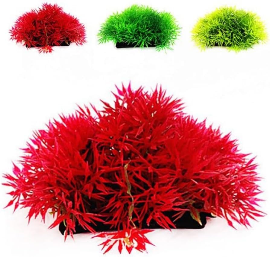 Aquarium Décor Red Artificial Flowers, Fake Pine Plants with Base Grass, Fish Tank Ornament, Plastic Aquatic Landscape Decor