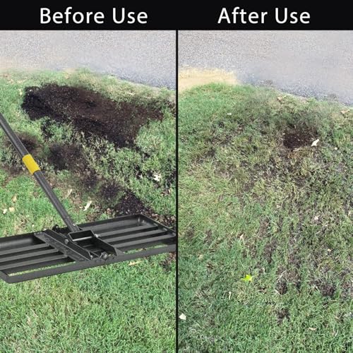 Lawn Leveling Rake Heavy Duty, 30"x10" Large Ground Plate Leveler Tool, Anti Flipping Smooth Edge Pull Behind Garden Landscape Rake for Soil Sand Dirt Yard Top Dressing, Long Handle 65 Inch