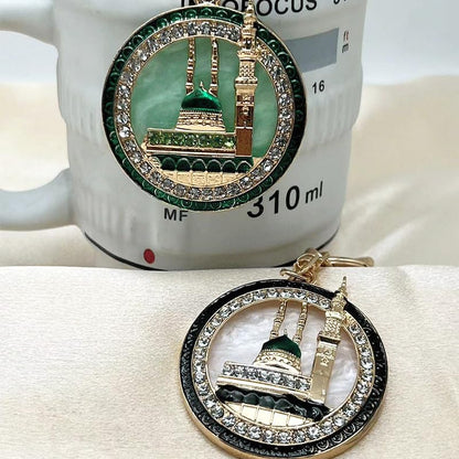 2PCS Islamic Mosque Keychain with Artificial Rhinestones - Metal Bag Charm & Car Hanging Accessory