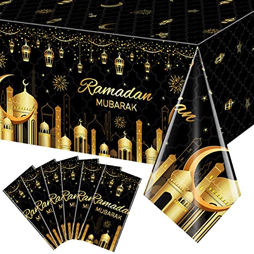 6 Pack Ramadan Plastic Tablecloth Decorations for Home, Eid Mubarak Ramadan Disposable Table Cover Decorations, Muslim Happiness Ramadan Eid Al-fitr Table Cloths for Ramadan Party Supplies, 54x108Inch - size: 6 Pack