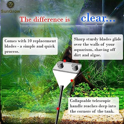 SunGrow 25" Aquarium Glass Cleaner, with 10 Replaceable Stainless Steel Blades, Cleaning Glass Stovetops, Removing Stickers & Labels, Tiles Grout Residue, Scraping Paint & Wallpaper