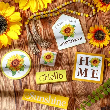 Yousoontic 7 Pcs Summer Party Sunflower Tiered Tray Decor Set, Rustic Farmhouse Wooden Table Decorations with Honey Bee Accents and Bead Garland for Kitchen, Tabletop, Mantel, Housewarming Gift - style: Sunflower