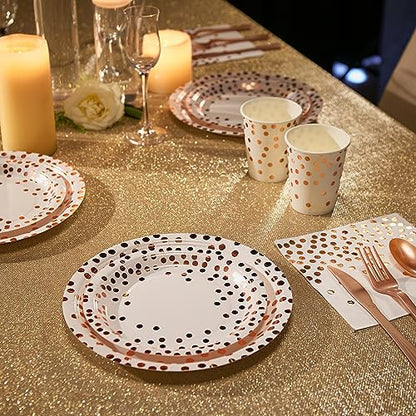 White and Rose Gold Party Supplies - 350 PCS Disposable Dinnerware Set - White Paper Plates Napkins Cups, Gold Plastic Forks Knives Spoon for Graduation, Birthday, Thanksgiving, Cocktail Party - color: White & Rose Gold