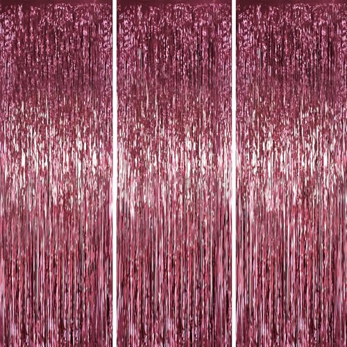 Voircoloria Burgundy Foil Fringe Backdrop Curtains, 3.3x6.6ft, 3pcs - color: Burgundy