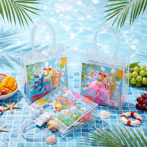 Aliceset 24 Pcs Pool Party Gift Bags with Handles Clear Swimming Theme Tote Bag Reusable Hawaii Themed Treat Bags for Summer Beach Pool Party Kids Birthday Supplies, 6.31" x 5.91" x 3.15" - style: Pool