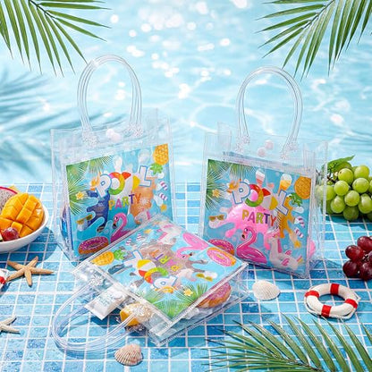 Aliceset 24 Pcs Pool Party Gift Bags with Handles Clear Swimming Theme Tote Bag Reusable Hawaii Themed Treat Bags for Summer Beach Pool Party Kids Birthday Supplies, 6.31" x 5.91" x 3.15" - style: Pool