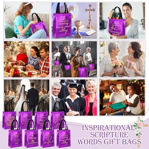 Aliceset 64 Pcs Christian Gift Bags Bulk with Handles for Church Favors Reusable Medium Bible Verse Religious Gift Bags Non Woven Welcome Totes for Baptism Vacation Bible School Gifts (Dark Purple) - color: purple, black