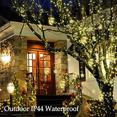 Curtain String Light LED Icicle Light Transparent Strand 8 Modes Waterproof Indoor Outdoor Home Decorative Lights Crescents and Stars (Moon&Star)