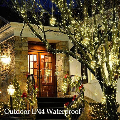 Curtain String Light LED Icicle Light Transparent Strand 8 Modes Waterproof Indoor Outdoor Home Decorative Lights Crescents and Stars (Moon&Star)