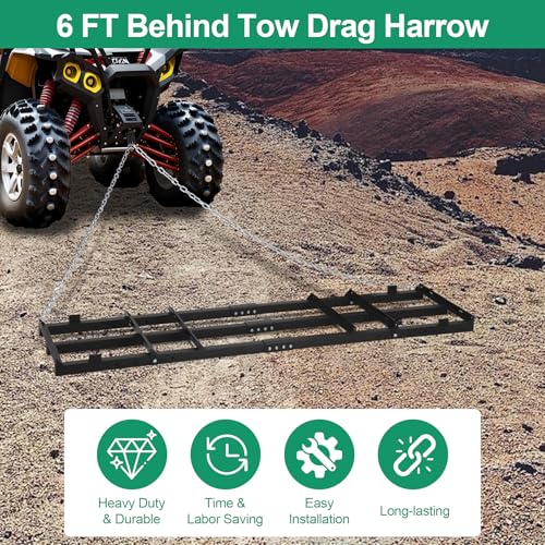 6 FT Drag Harrow Driveway Grader with 5 FT Chain | Tow Behind Lawn Rake for ATV, UTV, Tractor, Mower, Land Leveler for Gravel, Sand, Soil, Hay - size: 6 FT